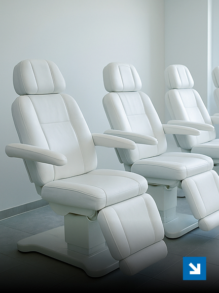 Chaises de soins en cuir blanc alignées.