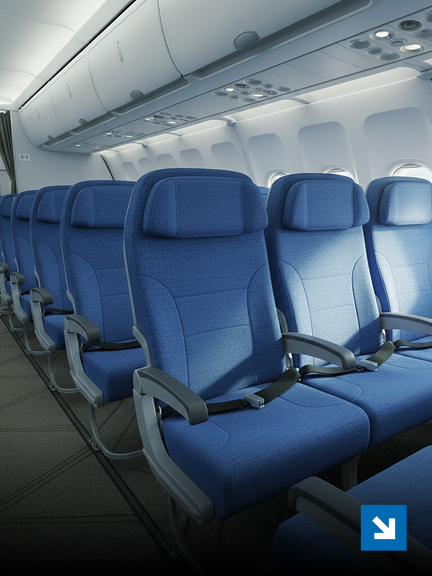 Rangée de sièges d'avion vides, cabine économique.