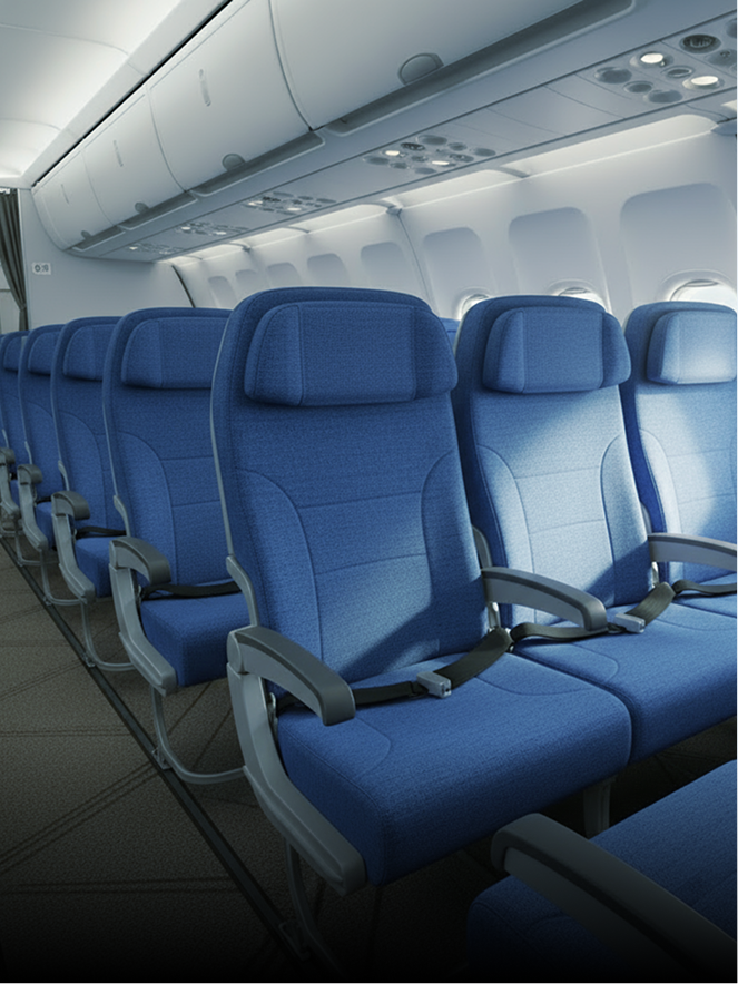 Sièges d'avion bleus dans la cabine.